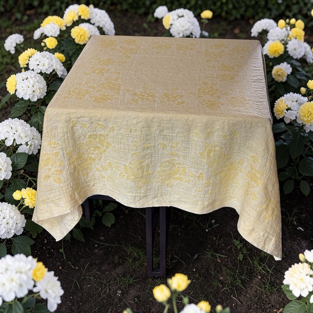 1970 Kitchen Linen Woven Damask Floral Tablecloth Pale Lemon Yellow Roses Flower
